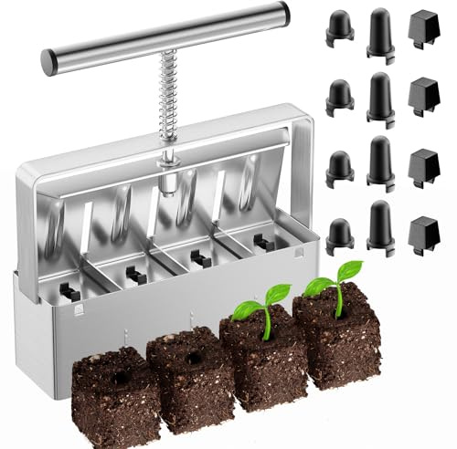 Soil Blocker, 2 Inch Soil Block Maker with 3 Sizes Seed Pins & Comfortable Handle 4 Cell Handlheld Soil Blocking Tool for Seed Starting, Grow Seedling, Outdoor Plants, Greenhouses, Garden