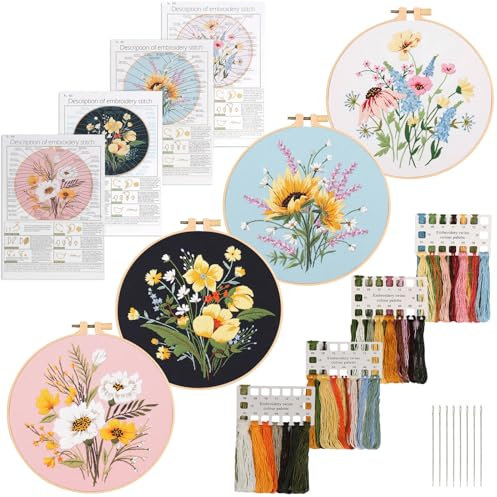 UXORSN 4 Stück Stickerei Set für Anfänger Blumenmuster Pflanzen Sticken Set Erwachsene Kreuzstich Starter Kit Anleitung Farbfäden und Werkzeuge Kunststoff Stickrahmen DIY Kunst Handwerk