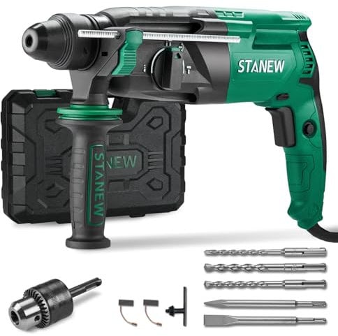 Martello Perforatore SDS Plus STANEW 950W, Martillo ligero 0-1150giri/min/5100BPM,4 funzioni e frizione di sicurezza, impugnatura girevole a 360°, velocità variabile, Calcestruzzo Acciaio, Legno