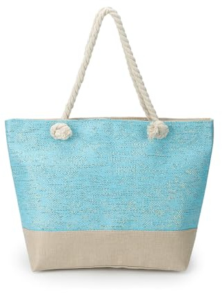 AFKOMST Canvas Shoulder Bag for Women Waterproof Beach Bag Striped Tote bag with Top Zip Closure