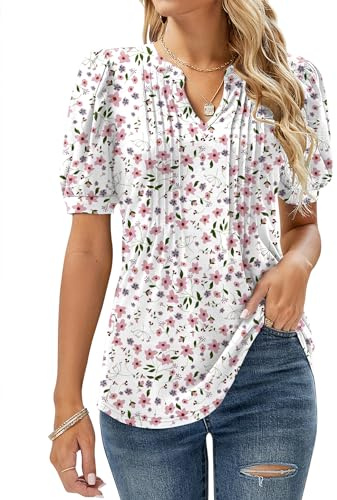 EFFAN Womens Tops V Neck Casual T Shirts Short Sleeve Summer Dressy Tunic Blouse Floaty Shirts White Pink Floral S (UK 8-10)