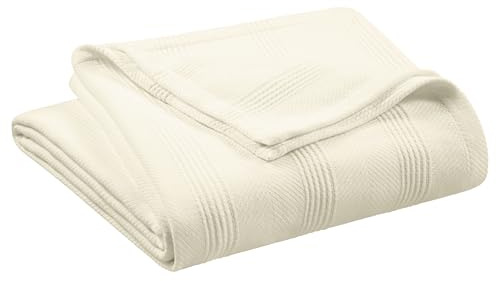 Ivory 100% Cotton Queen Size Blanket | Super Soft Breathable Lightweight Throw | All-Season Knit | Luxury Hotel Style | Easy Care
