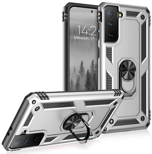 LBH Outdoor Hülle für Samsung Galaxy S21 Armor Militär Stoßfest Handyhülle 360 Grad Metal Ring Halter Ständer Schutzhülle für Handyhalterung Auto Magnet Silber