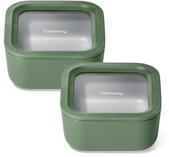 Caraway 2pc Glass Food Storage Set - 4.4 Cup Food Containers (2) - Ceramic Coated - Non Toxic, Non Stick Lunch with Lids - Dishwasher, Oven, & Microwave Safe - Sage