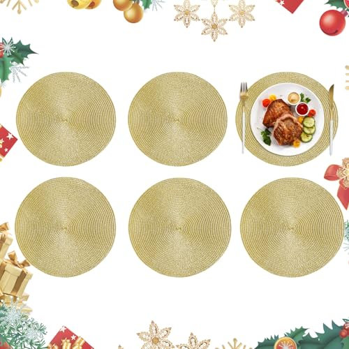 Homcomodar 6PCS Manteles Individuales de Navidad 34cm Dorado Pálido Salvamanteles Individuales Redondos para Mesa Bajo Platos Posavasos para Navidad Vacaciones Boda Decoración de Cenas