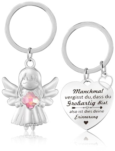 LbsAMP Schutzengel Schlüsselanhänger Glücksbringer Hält Vierblättriges Kleeblatt Motivierende Mutmacher Anhänger Viel Glück Engel Ornamente Geschenke für Familie Freunde Kollegen Eignen