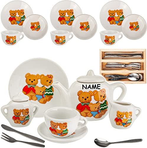 alles-meine.de GmbH 30 TLG. Set Puppengeschirr/Teeservice & Kaffeeservice - Teddybär - Tiere - inkl. Name - Geschirr Porzellan/Keramik - Porzellangeschirr - Kinderküche - P..