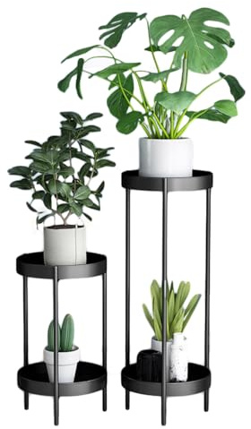 UUE Blumenständer, Metall Pflanzenständer 2er Set, Pflanzenständer mit Tabletts, Plant stand indoor Pflanzenregal für Mehrere Pflanzen, Blumenständer 2er Set Schwarz Geeignet für Innen, Außenbereich