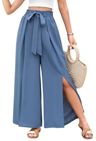 Svanco Pantalon D'été Fluide pour Femme avec Jambe Large Et Ouverte, Taille Haute Élastiquée, Pantalon Palazzo Ample avec Poches