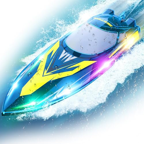 Aragallant Ferngesteuertes Boot, RC Rennboot mit LED-Licht - 150M/493FT, 30+ KM/H Hochgeschwindigkeit, 2,4 GHz Fernsteuerung, Nie-Kentern, RC Speedboot mit 2 Akkus für Pool/Seen