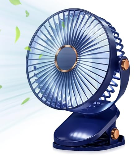 LEKEFETO Mini Clip Fan 2400 mAh batería ventilador con pinza de luz LED, ventilador USB, 5 velocidades y 720 ° de giro, ventilador silencioso recargable, pequeño, para casa, oficina, salón, azul, 6