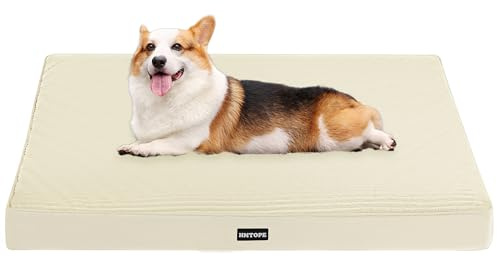 HMTOPE Orthopädisches Hundebett, 9cm Dicke Hundekissen für Mittelgroße Hunde, Abnehmbar und Waschbar Hundematte, rutschfeste Unterseite, Wasserdichtes Innenfutter, 91 cm, Beige
