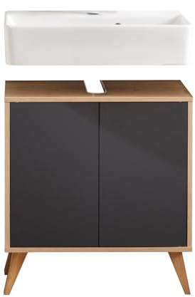 BadeDu Minho Badmöbel-Set 3-teilig – 60 cm in Anthrazit – Waschbeckenunterschrank mit Waschbecken inkl. Holzfüße im skandinavischen Stil – Made in Germany