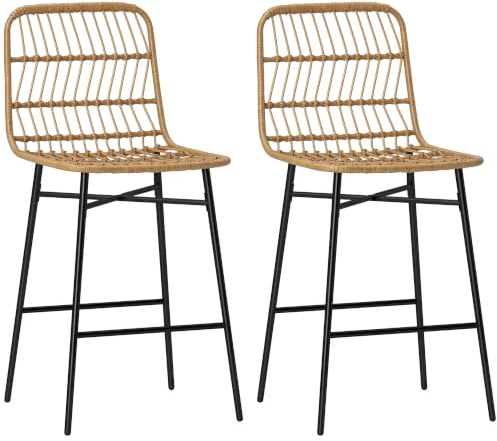 HOMCOM 2 Taburetes Altos de Cocina con Respaldo Modernas 120 kg Marrón | Asiento de Ratán, Sillas de Bar, para Cocina Comedor