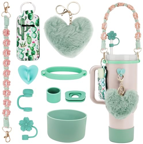 10PCS Stanley Cup Accessories Set for 30oz 40oz Tumbler,Including Silicone Stanley Cup Boot Straw Cover, Spill Stopper,Heart Charm, Water Bottle Handle Strap&Tumbler Charms Decorations(Mint Green)