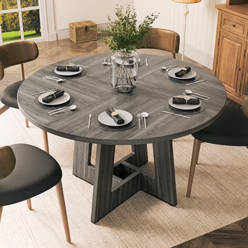 YOUDENOVA Runder Esstisch 120 cm, Esszimmertisch Holz Für 4‑6 Personen, Rustikale Küchentisch‑Ästhetik Mit Modernem Geometrie Junkturfuss, Grau (OHNE STÜHLE)