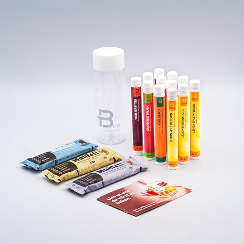 TRY-B Bundle – Fastendrink Konzentrat & Mahlzt! Mahlzeitenersatz-Riegel – 12 Tubes + 3 Riegel mit Vitaminen & Mineralstoffen – inkl. Trinkflasche & Booklet