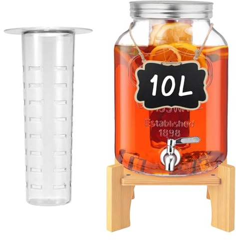 10L Getränkespender mit Zapfhahn, Limonadenspender mit Ständer und Deckel | Bowle Gefäß aus Hitzebeständigen Borasilikatglas mit Rostfreiem Wasserhahn, Saftspender Glas für Geeiste Säfte Garten Party