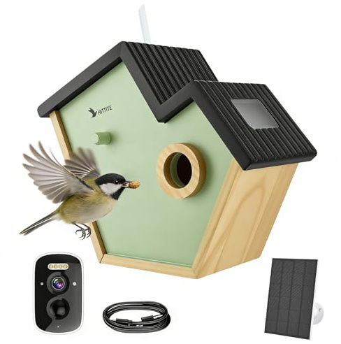 Vogelhaus mit Kamera, 2K Kamera WLAN Outdoor mit Massivholz Nistkasten, 2,4G WiFi & App Benachrichtigung, Nistkasten mit Kamera, Automatische Aufnahme von Vogelvideos &Bewegungserkennung, Solarbetrieb