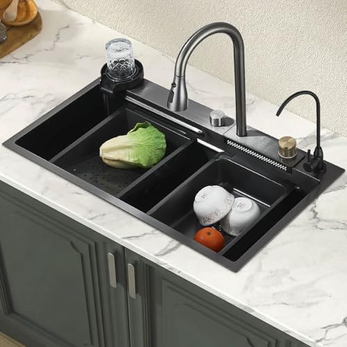 Waterfall Kitchen Sink Set Stainless Steel 600x460mm Black Multi-Function with Pull-Out Faucet Cutting Board Draining Basket Cup Washers and Accessory Set