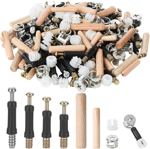 174 Pcs 3-in-1 Furniture Connector Hardware Fixings Set | Furniture Include Cam Lock Screws, Eccentric Cam Bolt Nut, Pre Inserted Nuts, Wooden Dowels for Kitchen Cabinets, Wardrobes