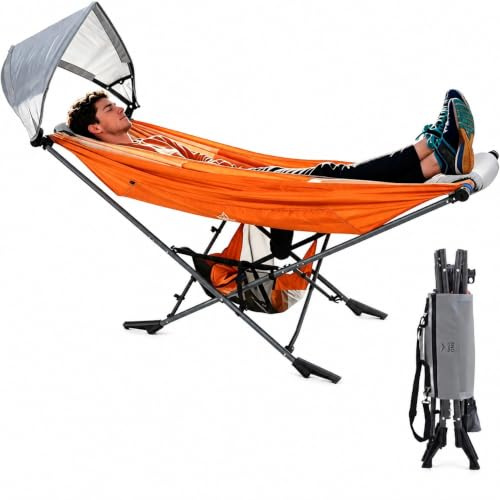 LET'S CAMP Mock ONE® Hängematte mit Gestell, UPF 50+ Sonnendach, mobil | 210T Fallschirmnylon, Stahlrahmen bis 113kg, Aufbau in 1 Min., gepolsterte Enden, Seitentaschen und Tragegurt für Camping