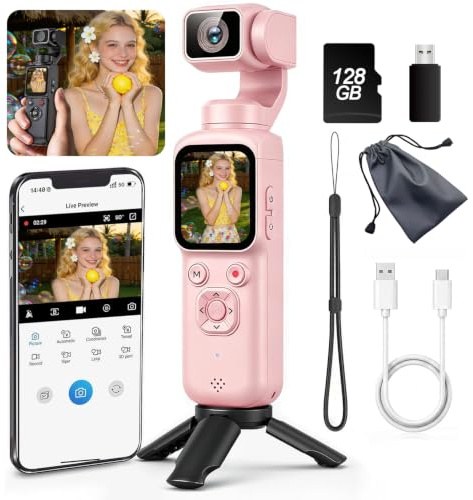 4K Handheld Vlogging Camera with WiFi, Outdoor Pocket Gimbal Camera, 330° Rotating Lens Handheld Video Camcorder, 64MP Fast Focusing Face Tracking, 3-Axis Stabilizer for Travel Vlog (Pink, 128G)