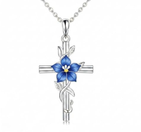 ROMANTICWORK Kreuz Blume Halskette 925 Sterling Silber 12 Monate Geburtsblume Anhänger für Geburtstag Weihnachten Damen