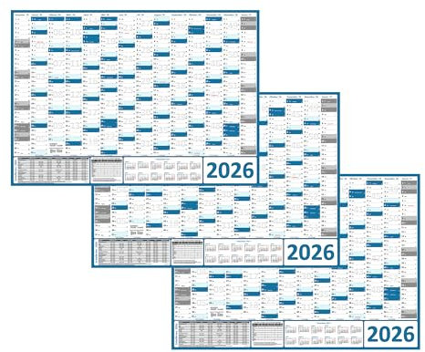 3 Stück XXL Wandkalender Wandplaner 2026 blau (gerollt) DIN A0 Format (841 x 1189 mm) 14 Monate, komplette Jahresvorschau Folgejahr und Ferientermine Feiertage aller Bundesländer
