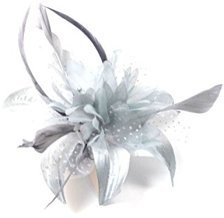 Ladies silver grey Wedding Fabric Flower and Feather Fascinator on Clear Comb