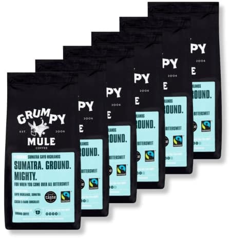 Grumpy Mule Sumatra Mount Gayo Organic (Ground Coffee) with notes of Cocoa and Warm Spice 200g (Pack of 6 - Total 1.2kg)