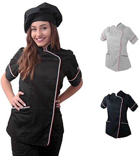 fratelliditalia.org Kochkasack für Damen, Chef, schwarz, weiß, halbe Ärmel, weibliche Baumwolle, Küche, Schwarz , XL