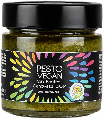 Cuvea - Pesto Vegano Italiano con Albahaca Genovesa D.O.P., Grana Padano D.O.P. 180 g - Sin conservantes ni colorantes añadidos