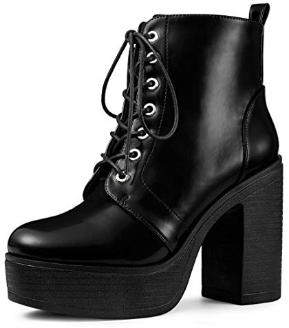 Allegra K Bottes de combat à lacets pour femme avec plateforme épaisse et talon haut, Noir, 40 EU