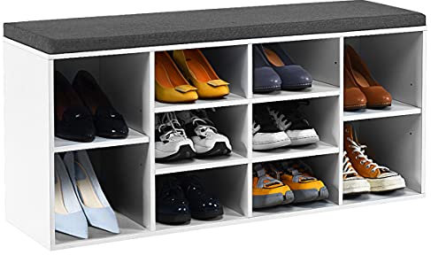 RELAX4LIFE Schuhbank mit Sitzfläche, Schuhregal aus Holz, Schuhkommode mit 2 verstellbaren Regalen, Schuhablage mit Sitzkissen, Schuhtruhe für Flur & Eingang, Sitzbank, 104 x 30 x 48 cm (Weiß)