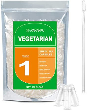 WANANFU Size 1 Empty Capsules Vegetarian (100 Count) Bundle with Micro Lab Spoon with Powder Tamper, Compatible with Capsule Filling Machine