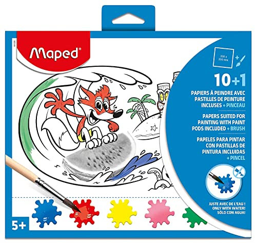 Maped Papier à Peindre avec pastilles de Peinture incluses et Pinceau x 10, appliquer, Multicolore
