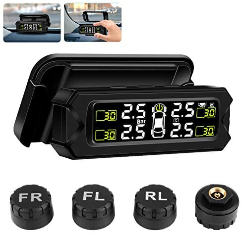 Jansite 【Newest】 TPMS Tyre Pressure Monitoring System Detachable Bracket 14-87Psi Wireless Adjustable Angle with 4 External Sensors Solar/USB Charging Car Alarm System