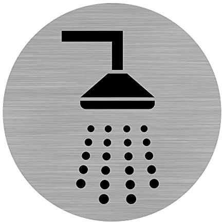 Pictogramme Douche. (Q0177) Autocollant Souple Effet alu brossé ou Plaque de Porte alu brossé EP 2mm au Choix - Diamètre 83 mm - Adhésif Aspect Aluminium brossé - Adhésif Aspect Aluminium brossé -