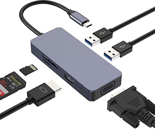 Hub USB C, Tymyp 6 in 1 USB C Hub mit 4K HDMI Output, VGA, SD/TF Card Reader, 2 USB 3.0, Adapter USB C für MacBook Pro/Air iPad Pro Dell Huawei Surface Pro 8/7 und Andere Type C Gerät