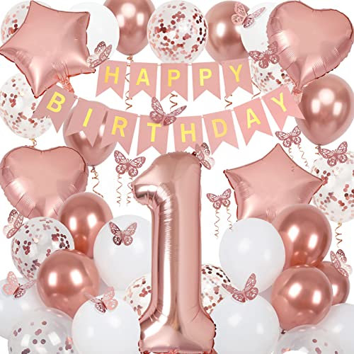 1st Birthday Decorations for Girls, Rose Gold 40 Inch Age 1 Foil Balloons with Happy Birthday Banner and Butterfly Stickers, for Baby Shower, Girls Women Party Decorations