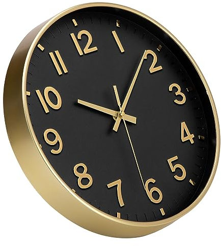 ACCSHINE Wanduhr Ohne TickgeräUsche Lautlos 30cm Modern Quarz Groß Batterie Betriebene Stereo Digital Wanduhr Einfach zu Lesen für Zimmer Zuhause KüChe Schlafzimmer BüRo Schule (Schwarz + Gold)