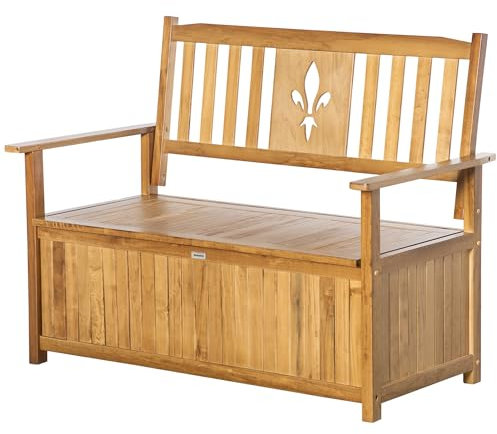 Outsunny 2 Seater Garden Storage Bench, 164L Outdoor Storage Box with Backrest Flower Pattern, Wooden Garden Bench with Armrests, 125 x 68.5 x 97cm, Natural