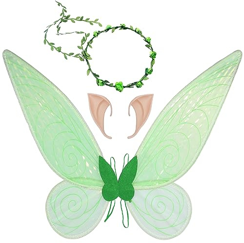 Feenflügel Schmetterlingsflügel mit Elfenohren Blumenkranz Erwachsene Flügel Kostüm Kinder Prinzessinnenflügel Damen Mädchen Flügel Kostüm Wings für Weihnachts Karneval Geburtstags Cosplay