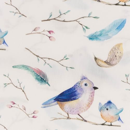 SCHÖNER LEBEN. Baumwollstoff Popeline Digitaldruck Vögel Federn weiß Pastell 1,50m