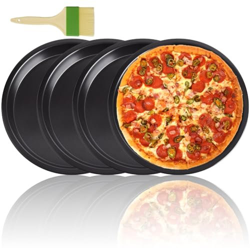 LUPATDY 4 bandejas para pizza redondas de 10 pulgadas, de acero inoxidable, moldes para hornear y servir con bandeja antiadherente con pincel, resistente a altas temperaturas, fácil de limpiar