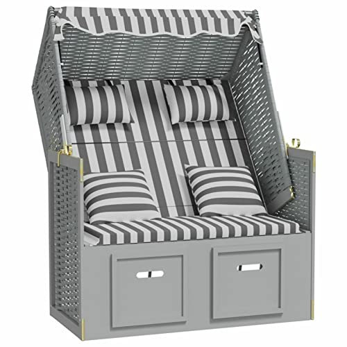 Homgoday Strandkorb Kissen Polyrattan und Massivholz Grau und Weiß, Möbel für Haus Innen Außen Wohnzimmer Schlafzimmer