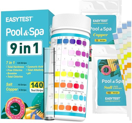 EASYTEST Tiras de prueba de piscina de 9 vías, 140 tiras para jacuzzi y spa, pruebas precisas de pH, cloro total, cloro libre, bromo, alcalinidad, dureza total, ácido cianúrico, sal y cobre
