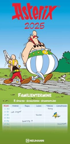 NEUMANN - Asterix 2025 Familienplaner, 22x45cm, Familienkalender mit 5 Spalten für Termine und Notizen, schöne Illustrationen, Stundenpläne, Schulferien und deutsches Kalendarium