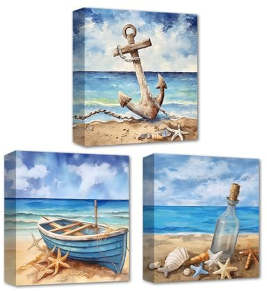 CXHOSTENT Küsten Leinwand Wandbilder Strand Badezimmer Dekoration 3-teilig nautischer Anker Schiff treibende Flasche Kunstdrucke für Heimdekoration (D, 30.00 x 30.00 cms x 3PCS)